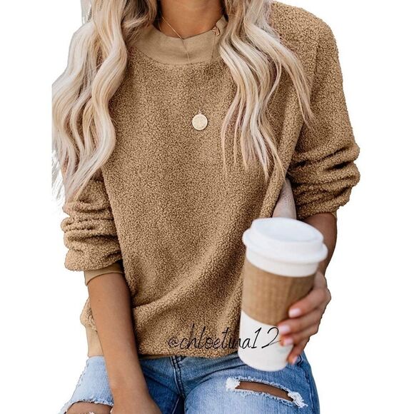 NEW Beige Long Sleeve Fleece Pullover Sweater Top - Picture 2 of 9